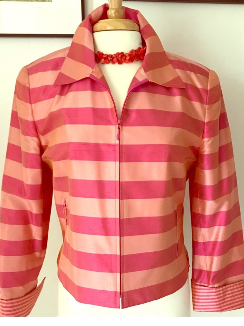 100% Silk Jacket Barbie Pink Stripe 14